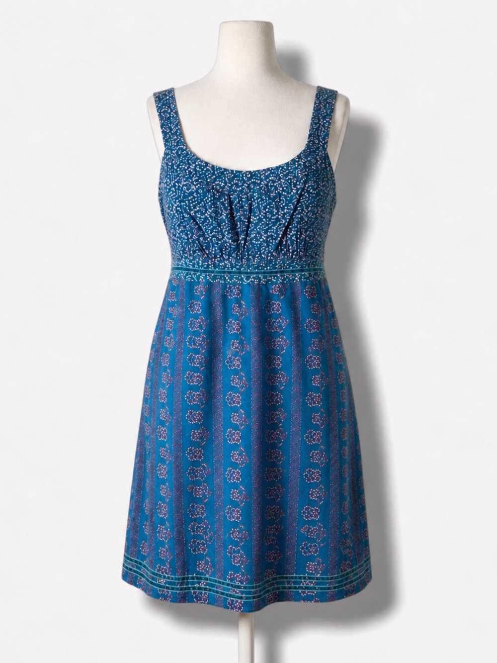 Esprit Blue Floral Striped Cotton Sleeveless Dress Velvet Trim Size 8 US